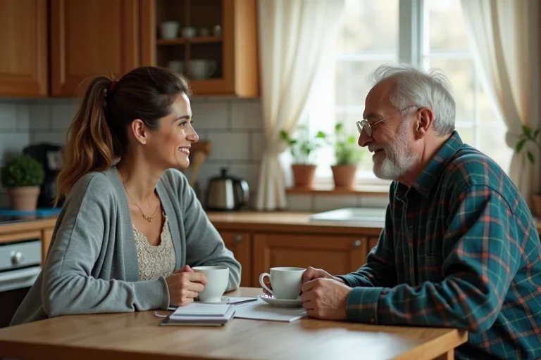 Une femme aidante accompagne un père âgé autour d'une tasse de thé dans une cuisine chaleureuse, symbolisant le soutien quotidien aux parents