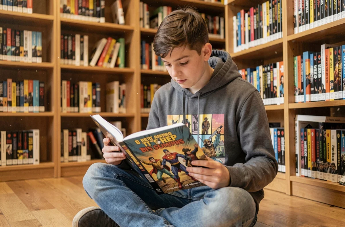 Adolescent lisant une anthologie de bande dessinée dans une bibliothèque entourée d'étagères de romans graphiques