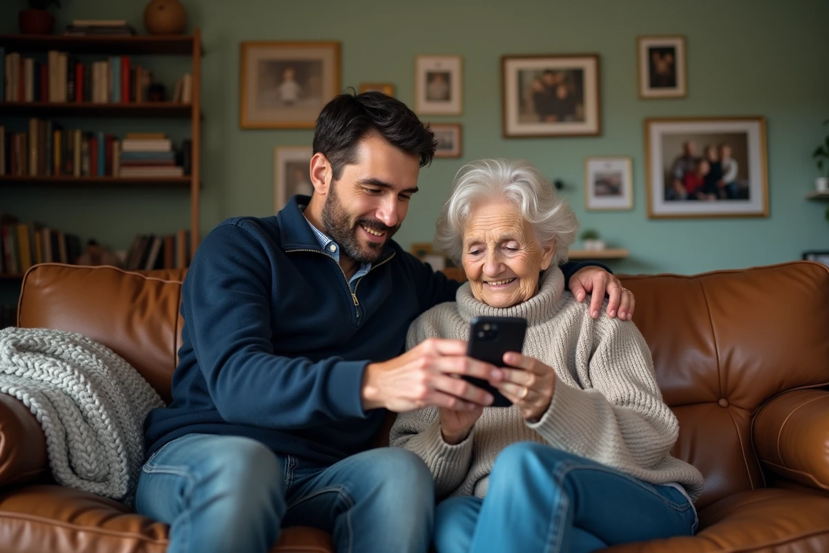 Un fils aide sa mère âgée à utiliser un smartphone dans un salon confortable, illustrant l'accompagnement technologique des parents au quotidien