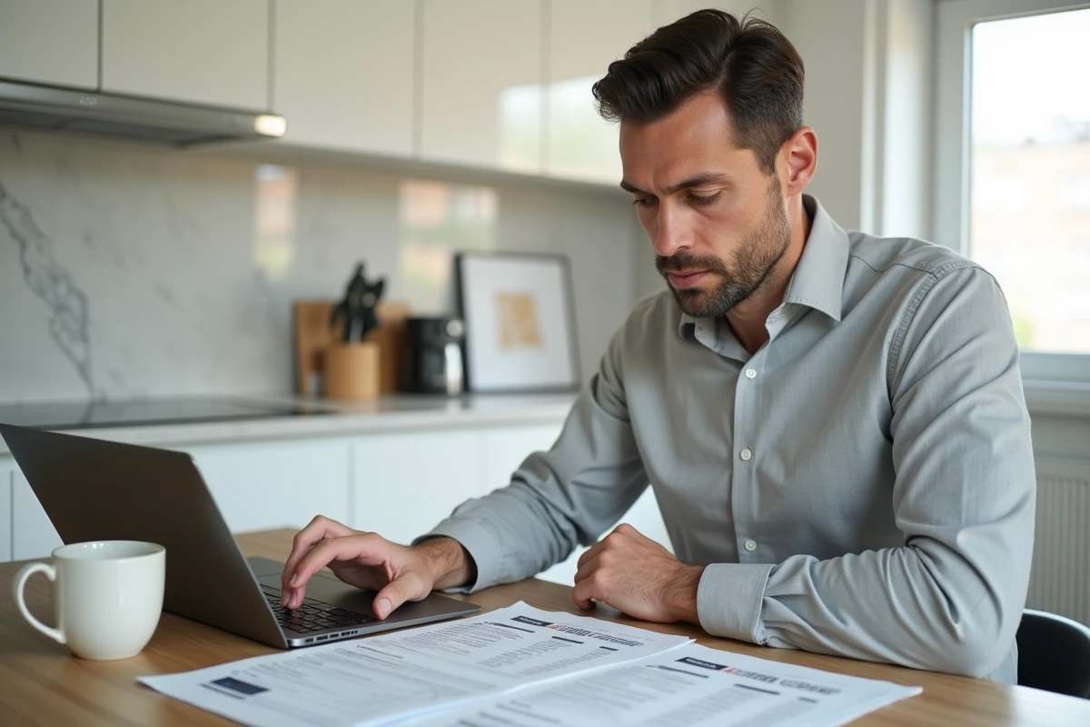 Un homme analysant les taux de prêt immobilier Casden sur des documents et un ordinateur portable à domicile