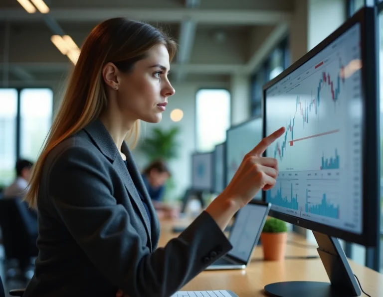 Analyste financière examinant des graphiques économiques en temps réel sur un grand écran incurvé dans un bureau moderne