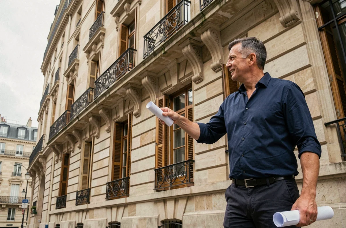 Architecte examinant les détails d'une façade haussmannienne à Paris avec des plans d'autorisation de modification