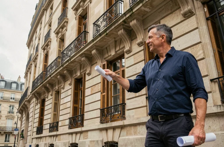 Architecte examinant les détails d'une façade haussmannienne à Paris avec des plans d'autorisation de modification