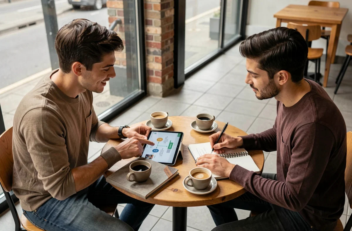 Deux jeunes professionnels collaborant sur une stratégie de marketing digital et de présence en ligne dans un café urbain