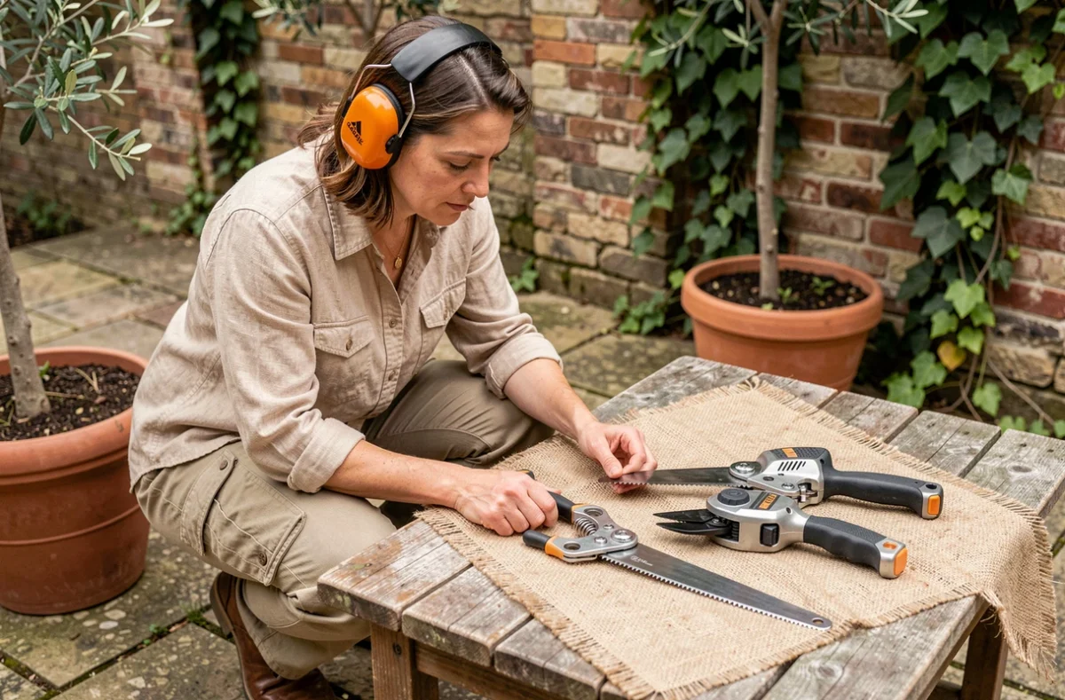 Femme comparant différentes élagueuses et scies d'élagage sur une terrasse en pierre entourée de plantes