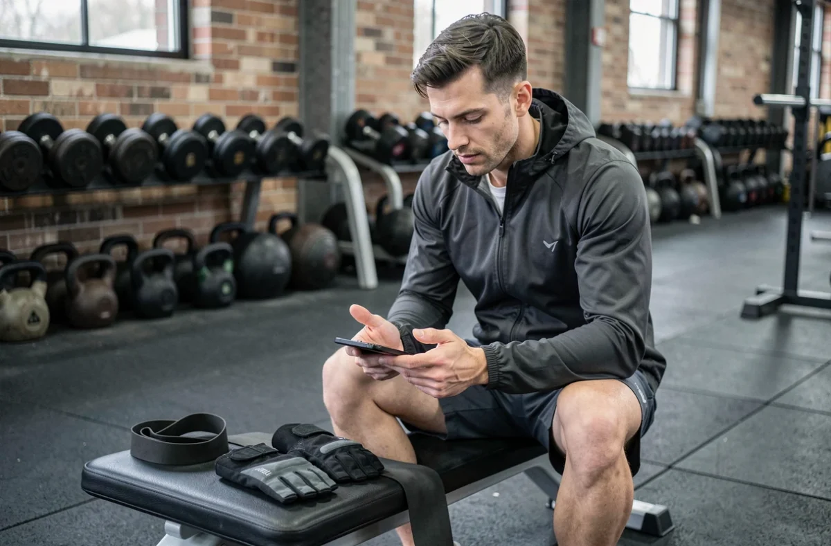 Sportif masculin comparant des équipements de musculation pour optimiser son entraînement en salle de sport