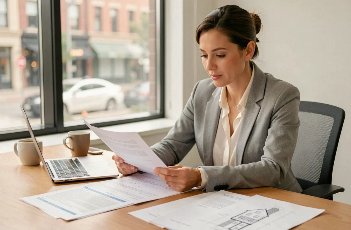 Femme consultante immobilière analysant un dossier de demande d'autorisation de modification de façade dans un bureau moderne