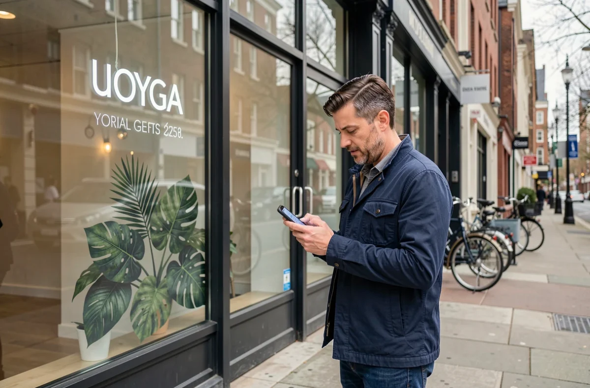 Homme consultant les coordonnées d'un studio de yoga sur smartphone devant la vitrine