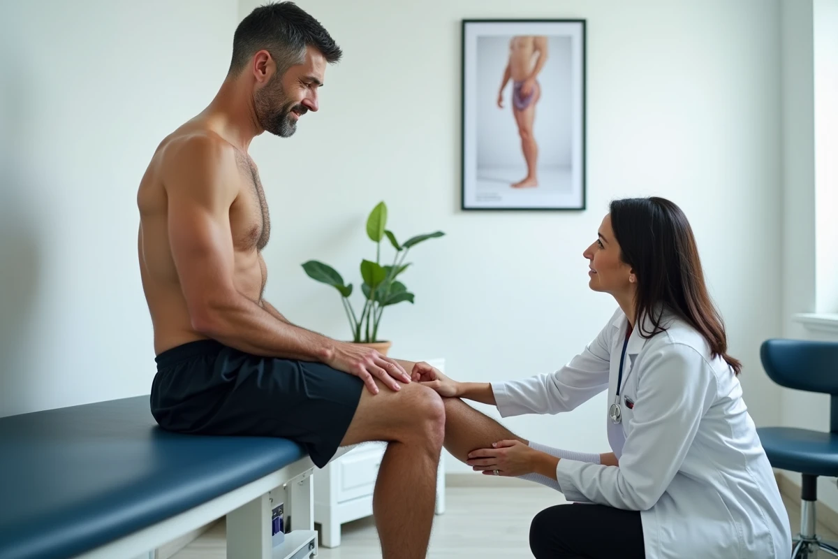 Médecin phlébologue examinant la jambe d'un patient lors d'une consultation pour varices et traitement au Daflon