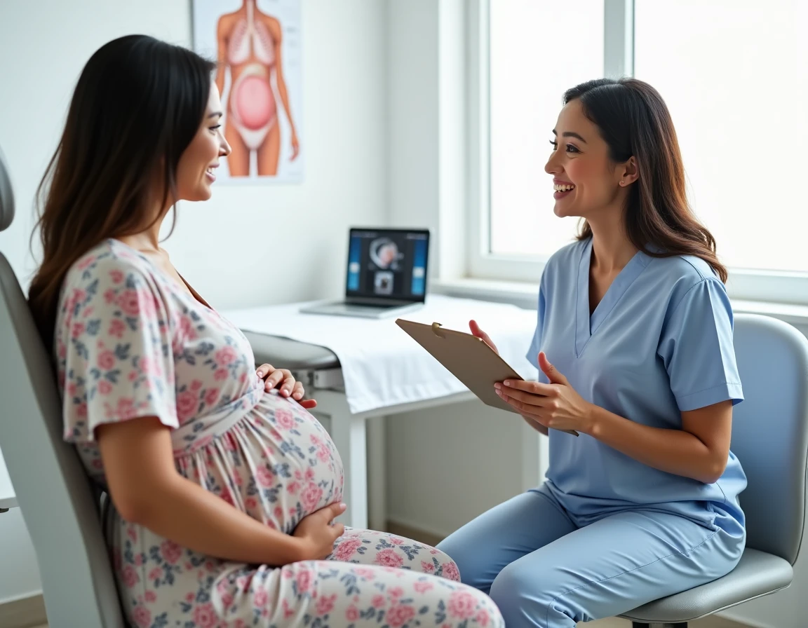 Femme enceinte lors d'une consultation prénatale avec une sage-femme dans un cabinet médical moderne