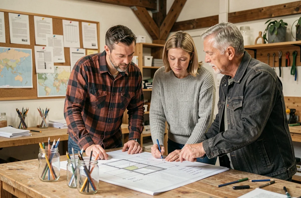 Membres d'une coopérative bretonne collaborant sur un projet d'énergie renouvelable locale dans un atelier en bois