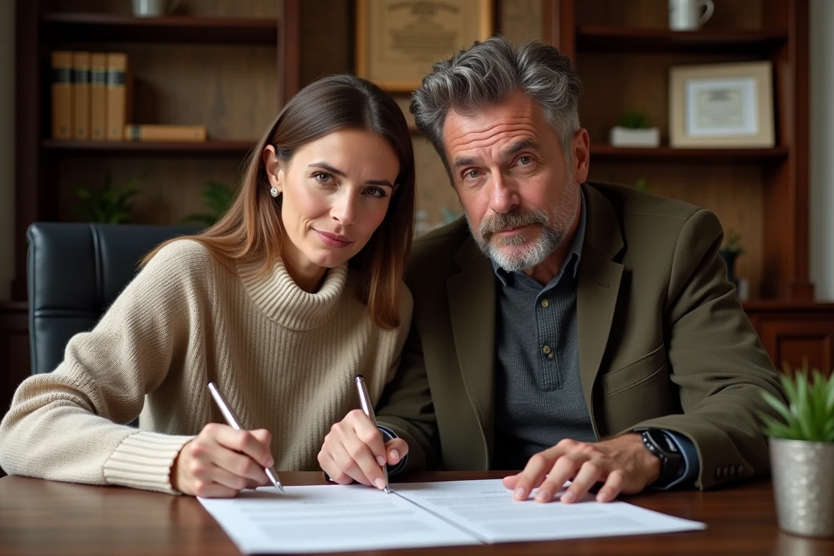 Un couple signant un contrat de prêt immobilier Casden après négociation du taux chez un notaire