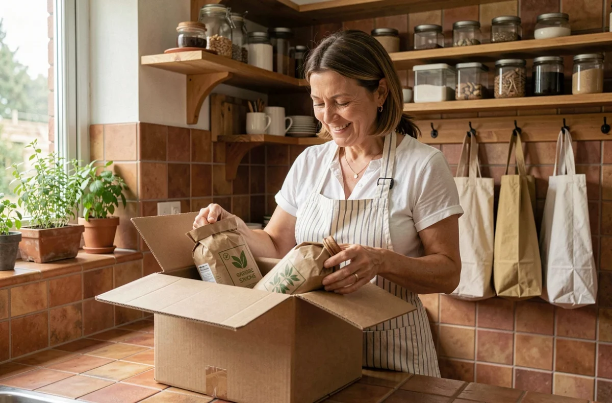 Femme déballant une commande en ligne éco-responsable avec des emballages durables dans une cuisine naturelle et zéro déchet