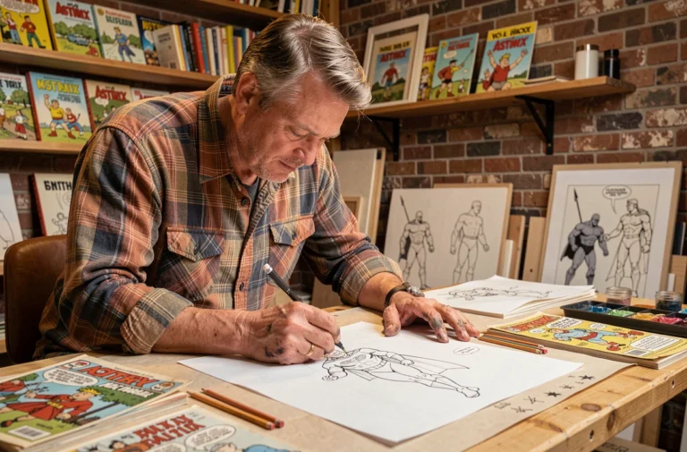 Dessinateur de bande dessinée esquissant un héros emblématique dans son atelier entouré d'albums de BD classiques