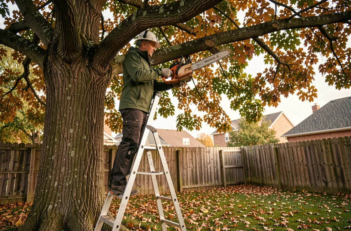 Homme sur une échelle utilisant une élagueuse thermique pour couper une grosse branche de chêne en automne