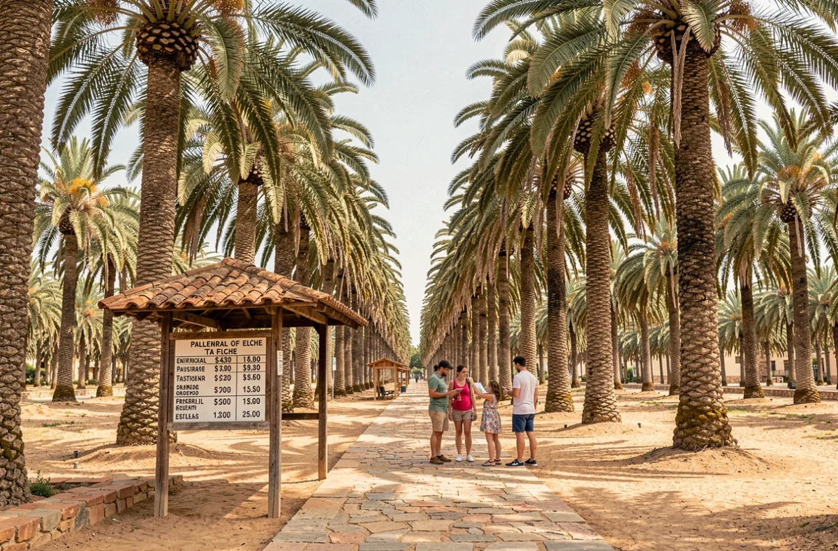 Entrée de la Palmeraie d'Elche avec panneau de tarifs et rangées de palmiers dattiers classés au patrimoine UNESCO