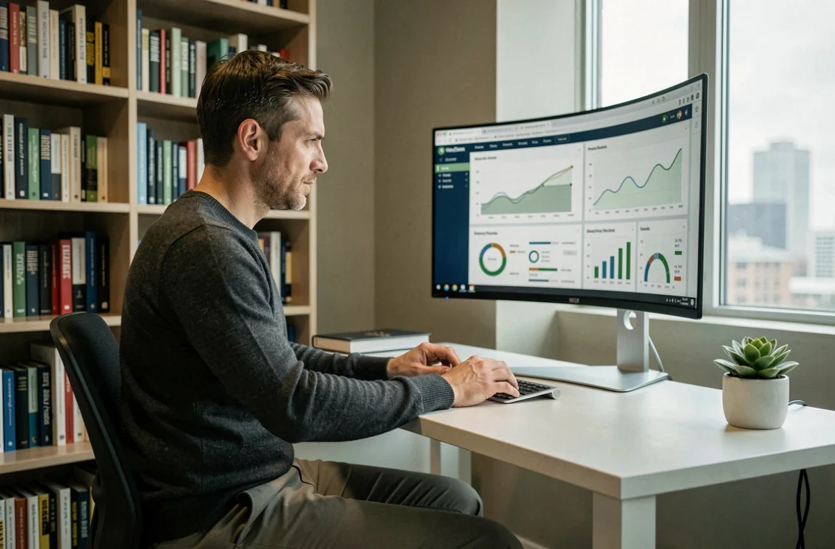 Entrepreneur analysant des tableaux de bord de performance et des données de croissance sur un écran dans un bureau épuré