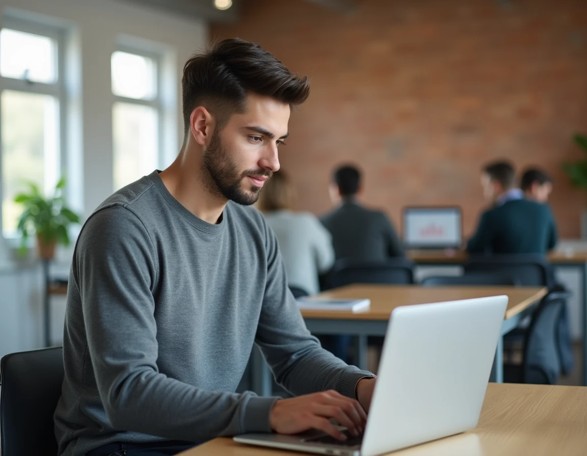 Jeune entrepreneur travaillant sur une plateforme SaaS dans un espace de coworking moderne, symbolisant l'adoption des services digitaux pour développer son entreprise