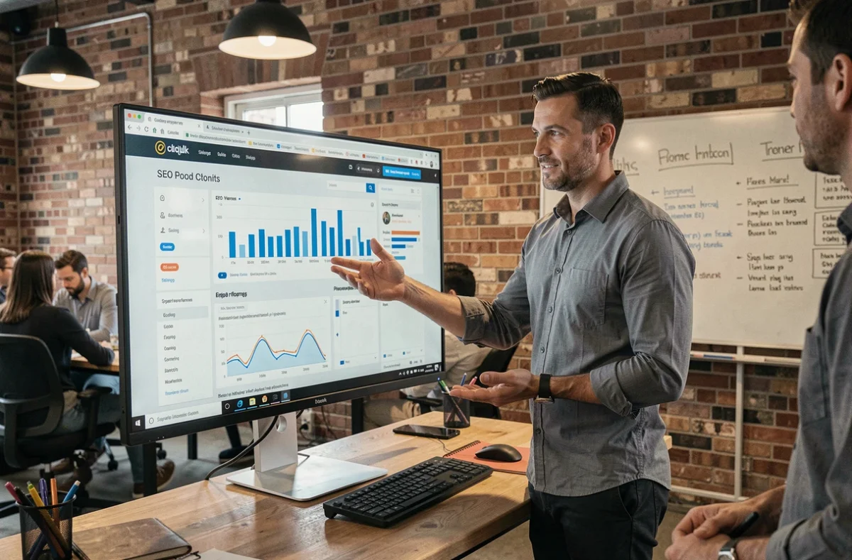 Entrepreneur masculin présentant une stratégie de présence digitale sur un écran dans un espace de coworking