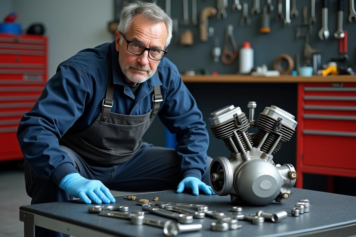 Mécanicien entretenant un moteur de moto 50cc dans un atelier de réparation équipé