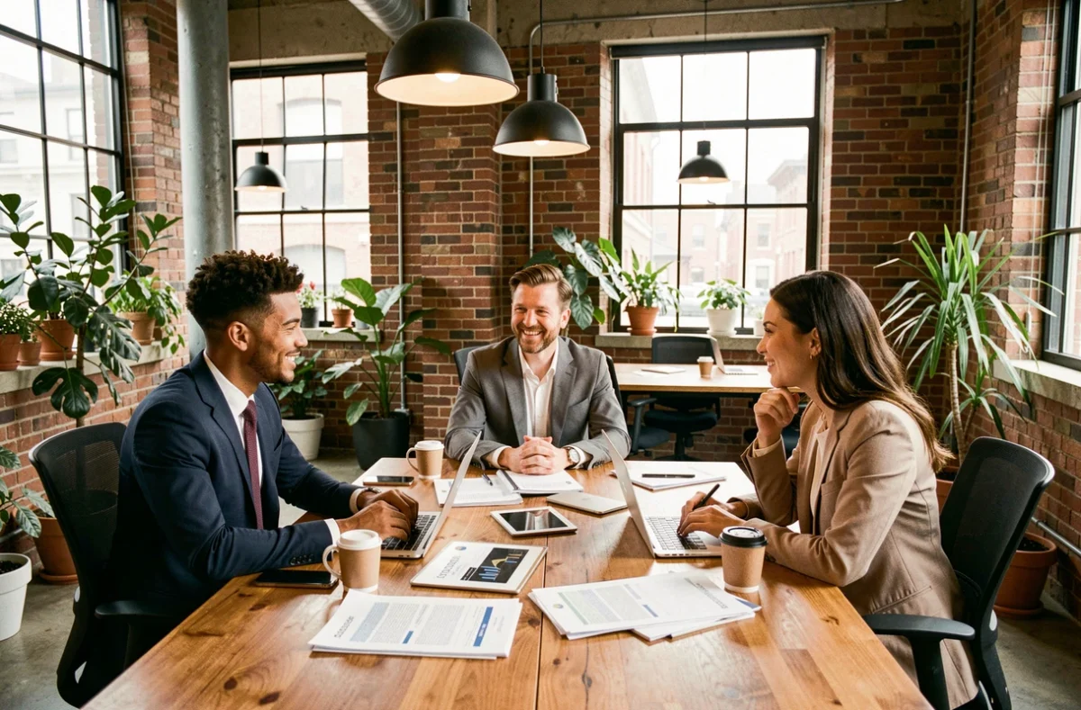 Équipe professionnelle diversifiée collaborant autour d'une table de travail avec des outils numériques innovants