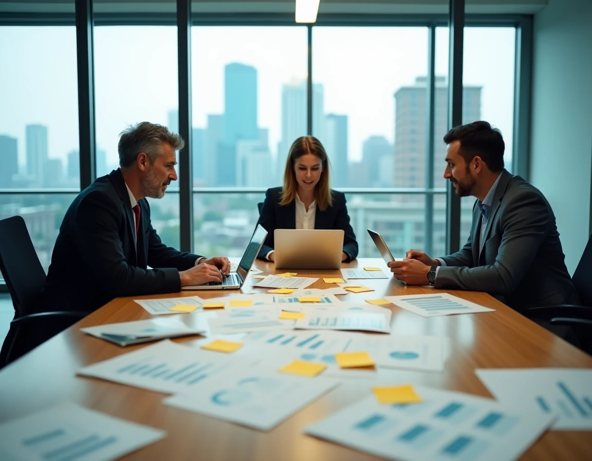 Équipe professionnelle collaborant autour d'une table de réunion avec des outils numériques et des graphiques de croissance pour une stratégie d'entreprise digitale
