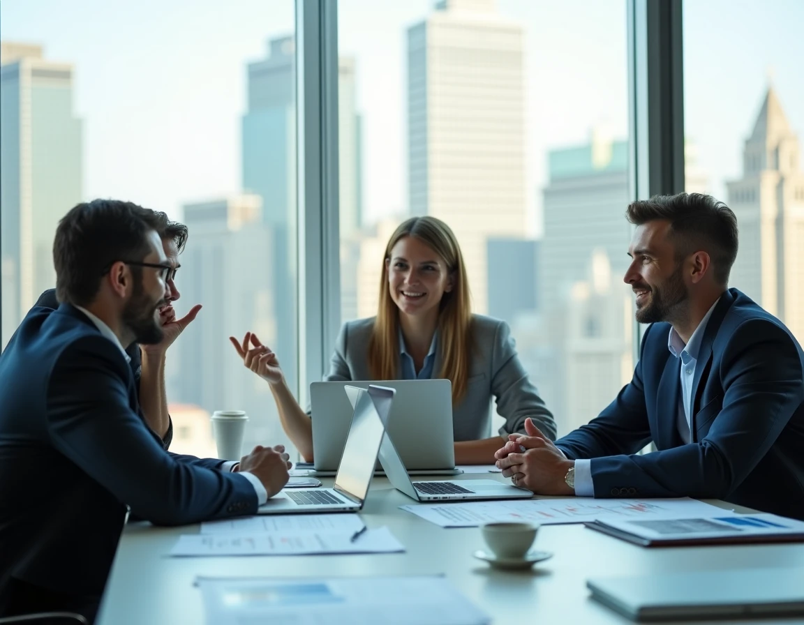 Équipe de professionnels analysant des rapports économiques et tendances business dans une salle de réunion vitrée avec vue sur la ville