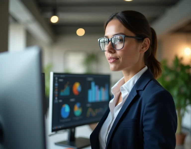 Femme d'affaires analysant des tableaux de bord digitaux sur deux écrans dans un bureau moderne, illustrant la croissance via les services numériques