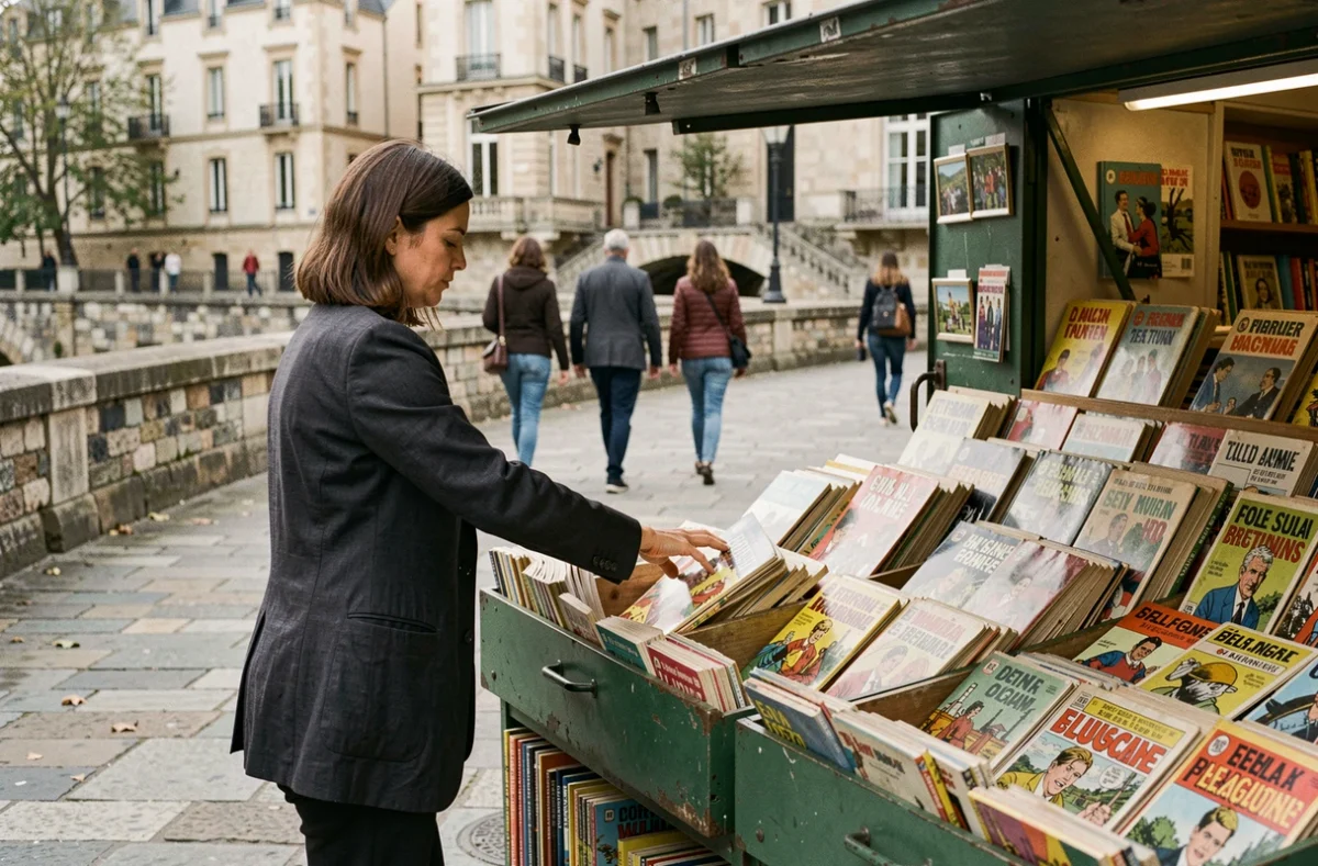 Femme feuilletant des albums de bande dessinée vintage sur un étal de bouquiniste en plein air au bord d'une rivière