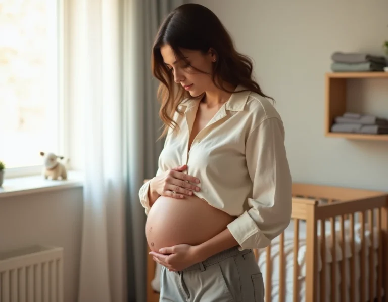 Femme enceinte en fin de grossesse tenant son ventre dans une chambre de bébé décorée avec douceur
