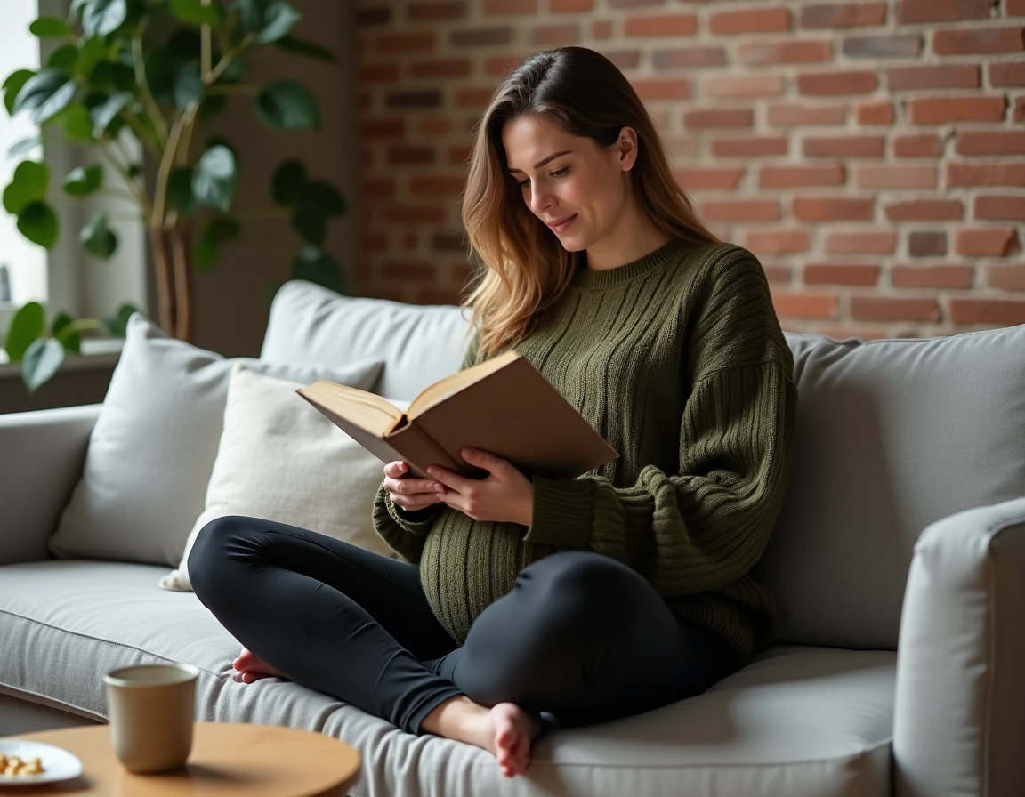 Femme enceinte lisant un livre sur la maternité confortablement installée dans son salon