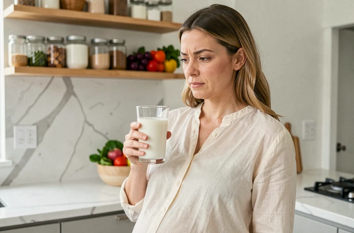 Femme enceinte tenant un verre de lait dans une cuisine moderne, réfléchissant aux risques de la consommation de lait cru pendant la grossesse