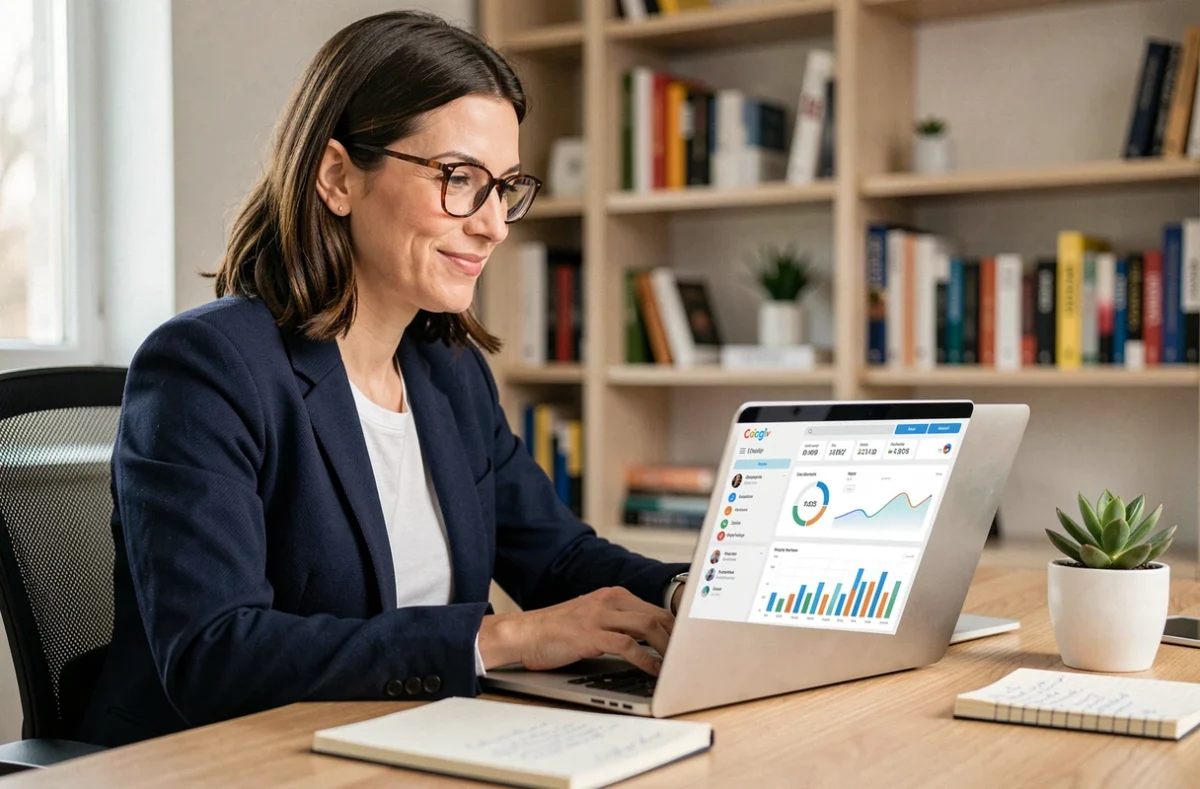 Femme entrepreneur travaillant sur son business en ligne depuis un bureau à domicile moderne avec un laptop et des tableaux de bord analytiques