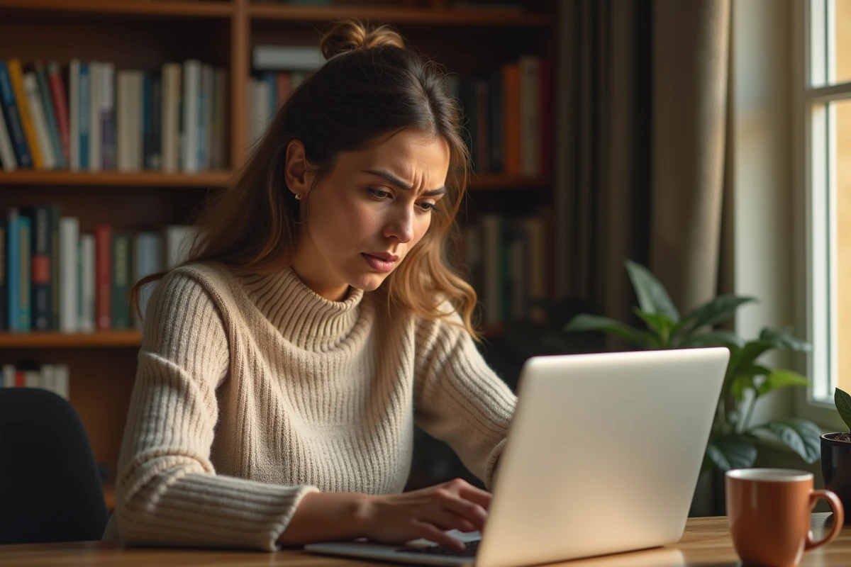 Femme consultantles réseaux sociaux sur un ordinateur portable à son bureau, illustrant la curiosité des fans sur la maladie d'une personnalité publique