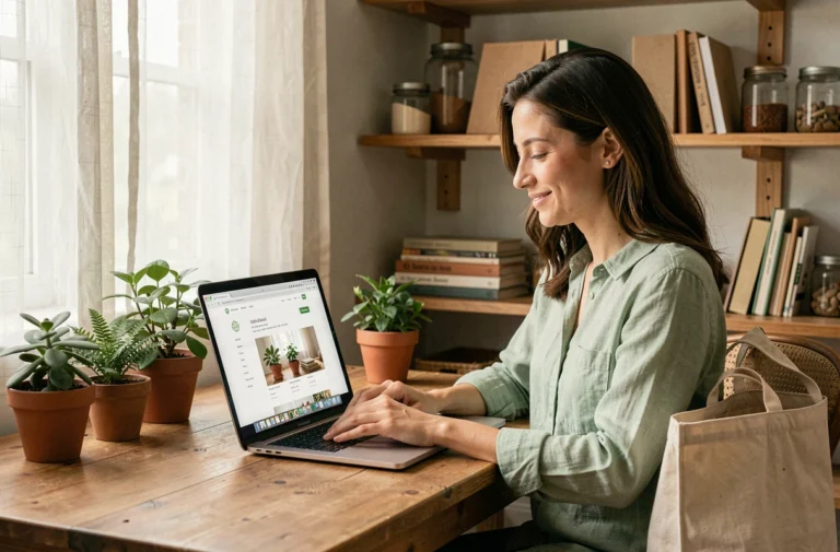 Femme parcourant des offres shopping éco-responsables sur un ordinateur portable dans un bureau à domicile entouré de plantes et d'accessoires durables