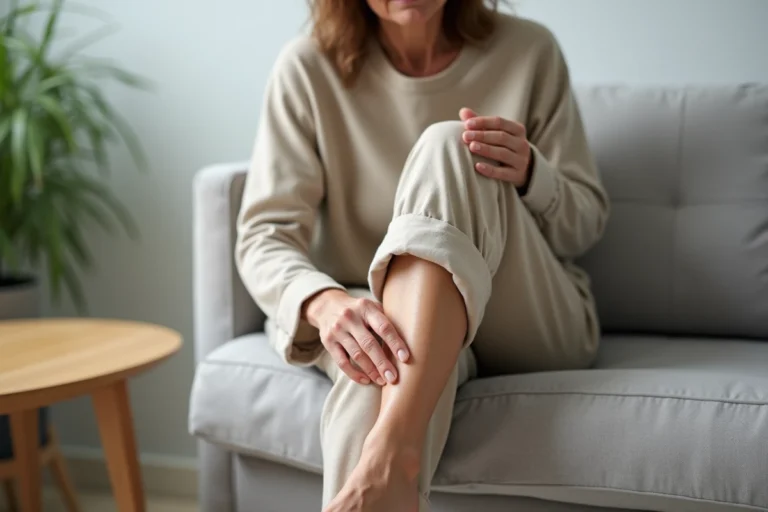 Femme d'âge mûr examinant ses varices sur la jambe assise dans un salon, illustrant le traitement des varices avec le Daflon