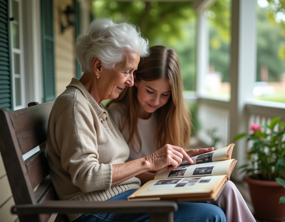Grand-mère et petite-fille regardant ensemble un album photo de famille sur une véranda, partageant des souvenirs intergénérationnels