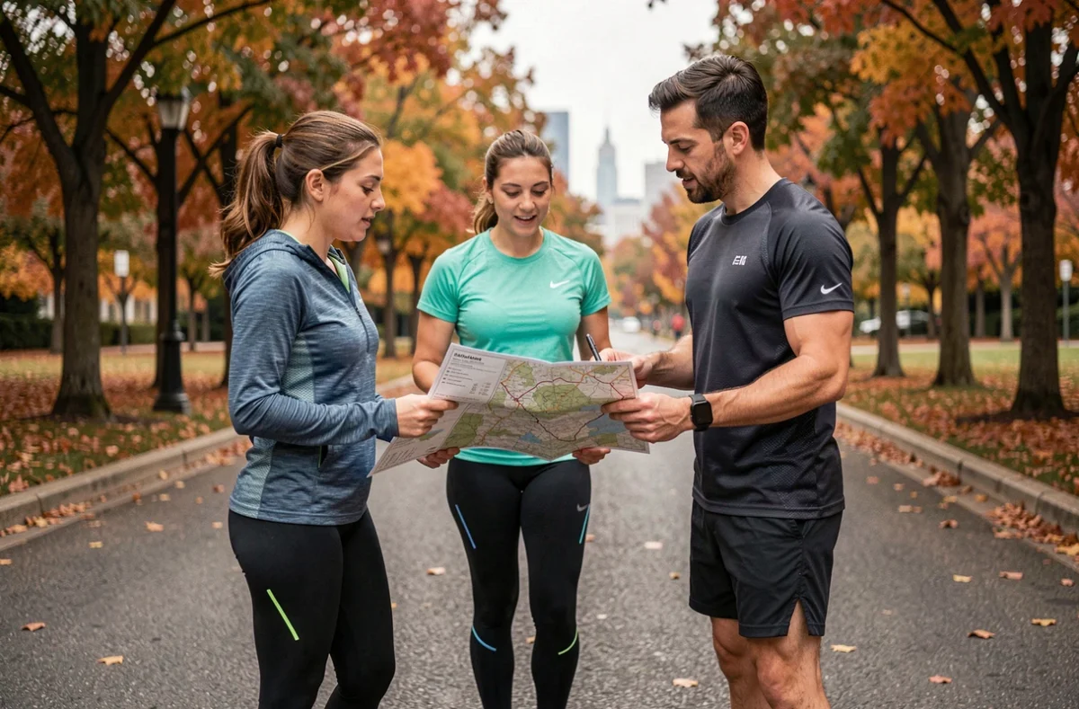 Groupe de coureurs amateur échangeant sur le choix de leur équipement sportif lors d'une séance de running en plein air