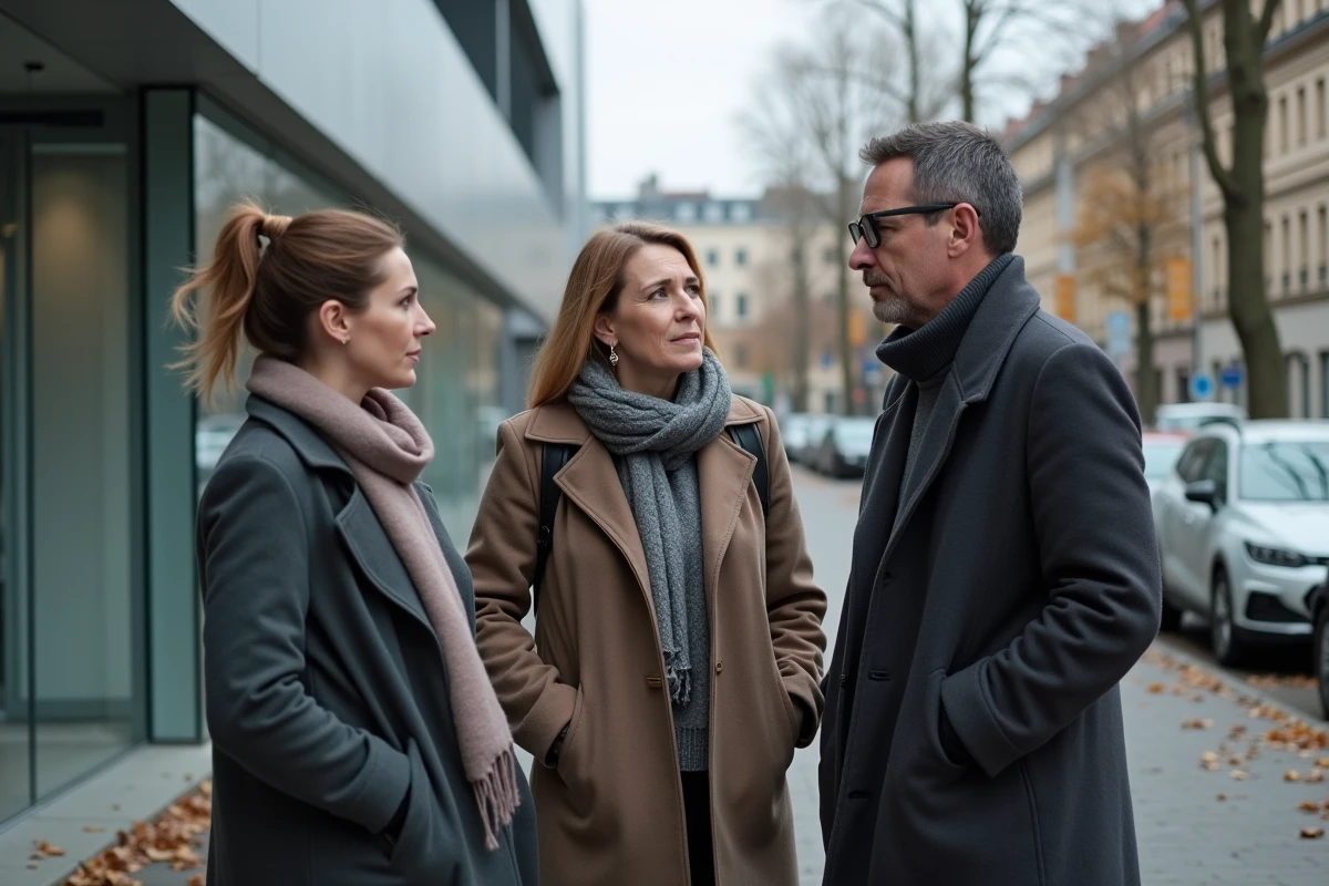 Groupe de personnes en discussion sérieuse devant un studio de télévision français, évoquant le débat sur la vie privée et la maladie des personnalités médiatiques