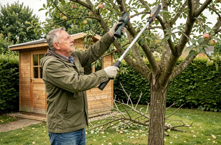 Homme utilisant une élagueuse sur perche sans fil pour tailler les branches d'un pommier dans un jardin résidentiel