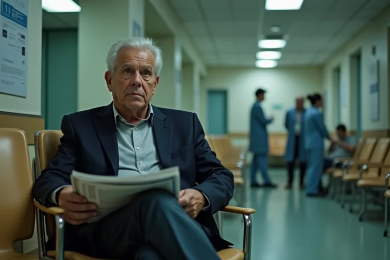 Homme âgé pensif dans une salle d'attente d'hôpital tenant un journal, évoquant la maladie et la vie publique