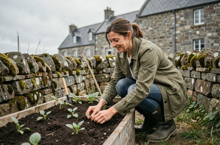 Femme jardinant dans un potager communautaire breton, engagée pour une alimentation locale et durable en Bretagne