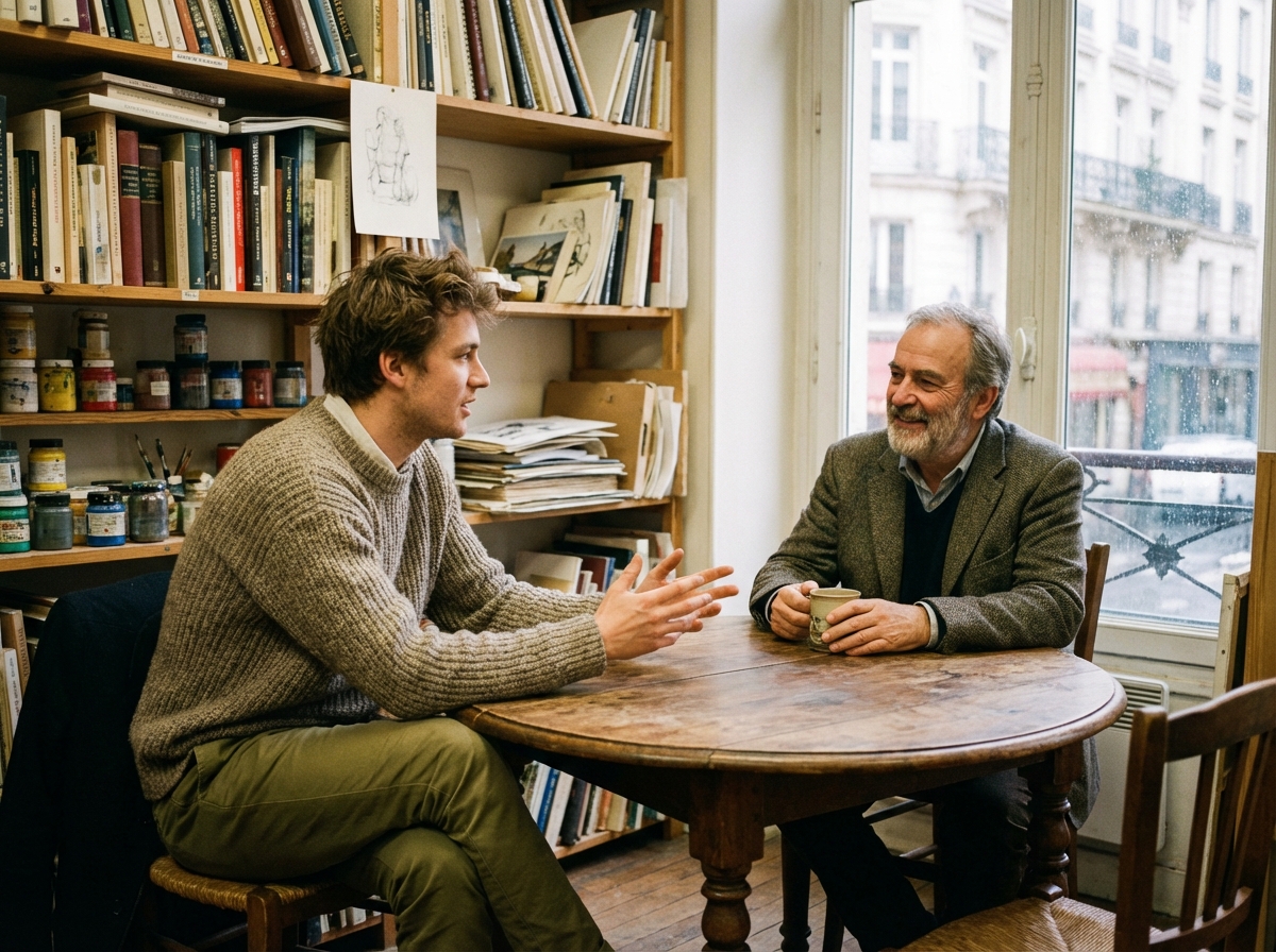 Jeune homme créatif discutant avec un mentor dans un studio parisien