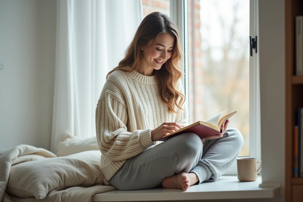 Jeune femme lisant un livre sur un banc de fenêtre confortable dans un appartement minimaliste pour se détendre et prendre soin de son bien-être mental