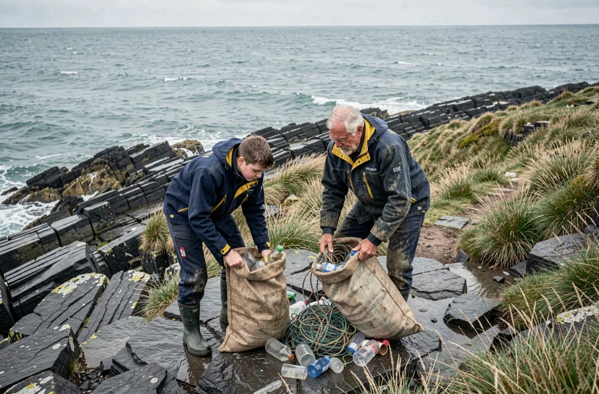 Bénévoles ramassant des déchets plastiques sur le littoral breton lors d'une action de nettoyage des côtes