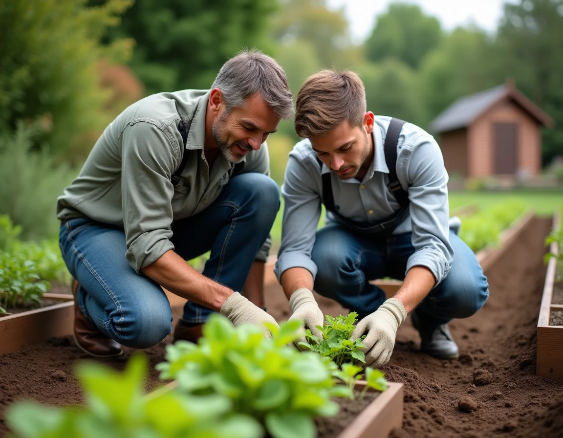 Père et fils adulte jardinent ensemble dans un potager familial, illustrant le partage de connaissances et les liens père-fils