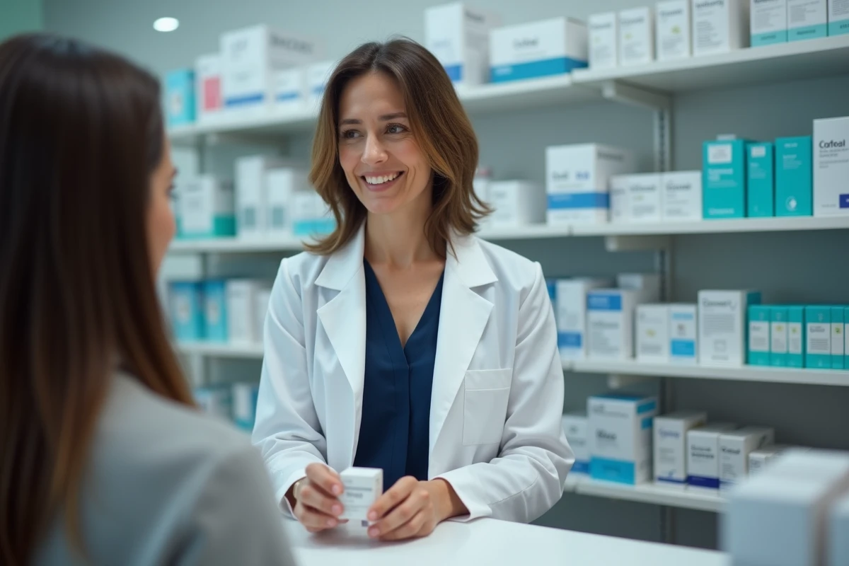 Pharmacienne remettant une boîte de médicament à une cliente au comptoir d'une pharmacie pour traiter les varices