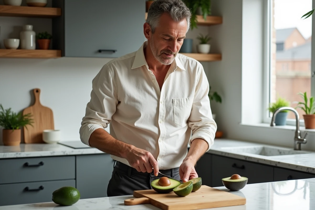 Homme préparant un petit-déjeuner sain à base d'avocat dans une cuisine moderne pour adopter de bonnes habitudes alimentaires au quotidien