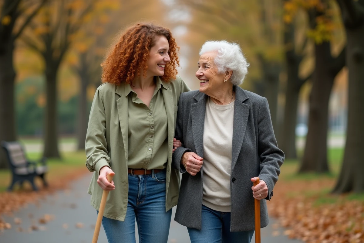 Une femme accompagne sa mère âgée lors d'une promenade en plein air dans un parc en automne, représentant le soutien physique et émotionnel aux parents