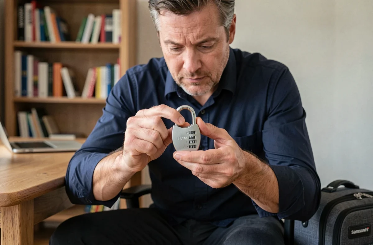 Homme manipulant un cadenas TSA007 à la main à son bureau avec une valise Samsonite en arrière-plan